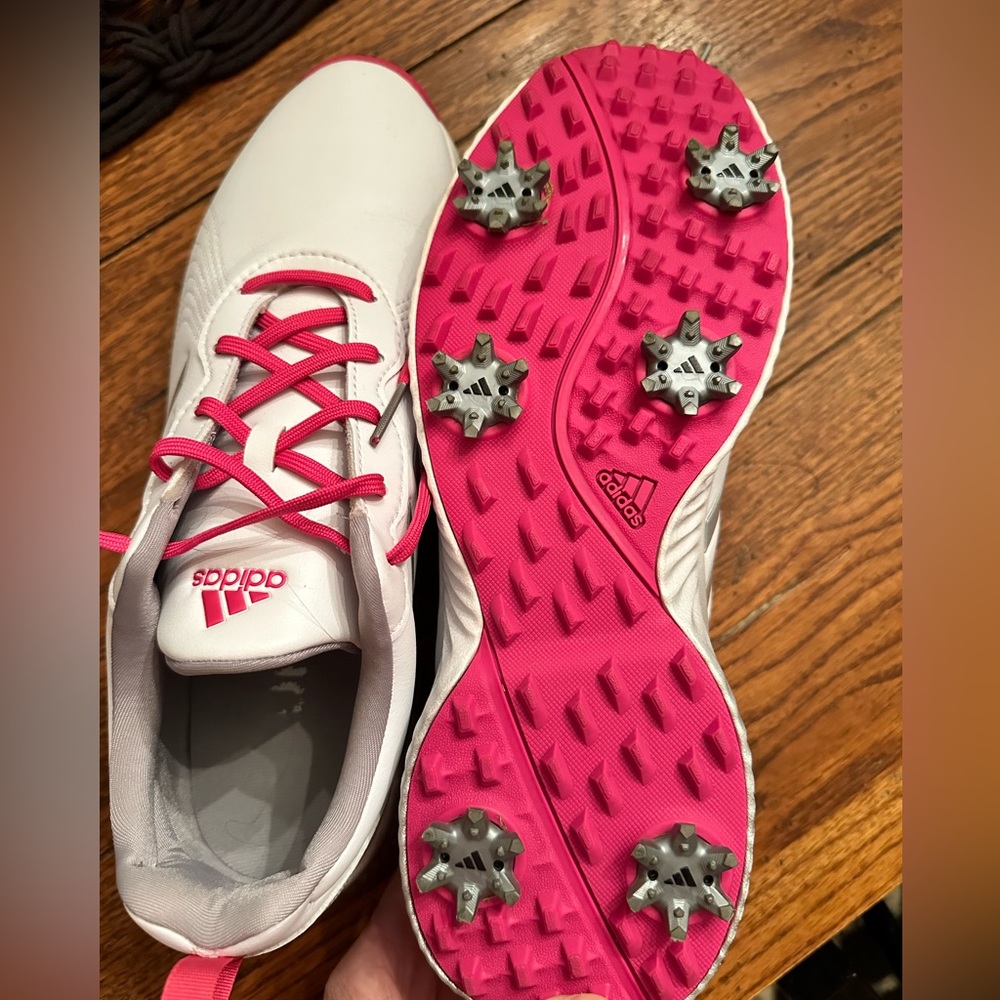 Adidas Spiked Golf Shoes Women’s Size 9.5. White with Pink.